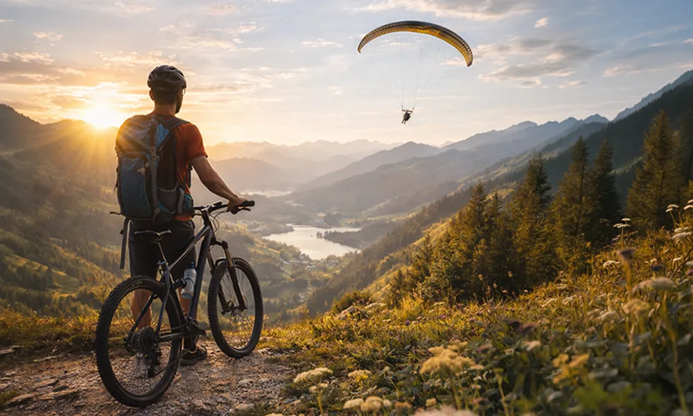 Mann mit Fahrrad stehende auf einem Berg mi tAussicht auf Tal, Paraglyder in der Luft, Abendsonne links am Berg untergehend