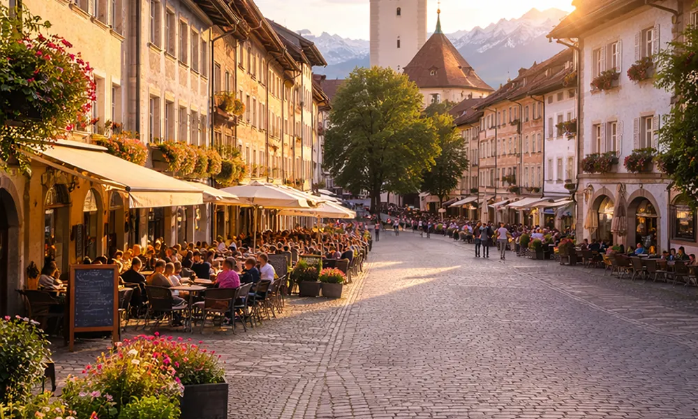 Bild einer Innenstadt Leute sitzen darußenin Cafes und Restaurants